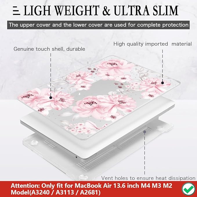 CISSOOK Compatible with MacBook Air 13.6 inch Case M5 M4 M3 M2 Chip 2026 2025 2024 2023 2022, Hard Shell Case Keyboard Cover Screen Protector for Mac Air 13 A3240 A3113 A2681 A3449, Cute Pink Flower