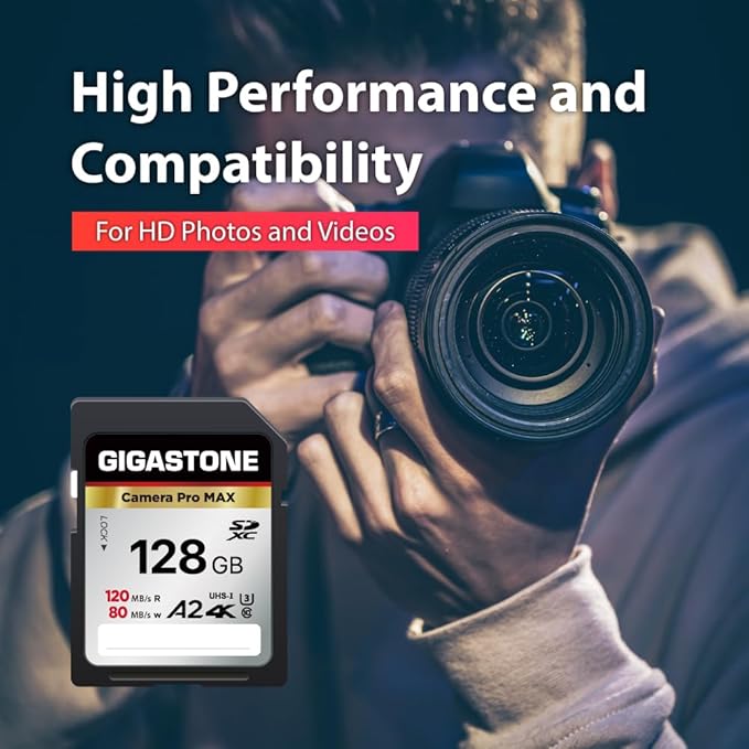 【5-Years Data Recovery】 GIGASTONE 128GB SD Card, 4K Camera Pro MAX, UHS-I A2 4K SDXC Memory Card High Speed 4K UHD Video Compatible with Kodak Digital Camera, with 1 mini case