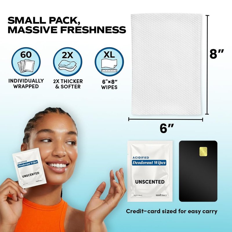 Zero Trace Travel Deodorant Wipes - 60 Count- 24 Hour Odor Control - Aluminum Free Hypoallergenic Deodorant For Women and Men - Individually Wrapped Underarm & Body Wipes - Uscented Bare Fresh