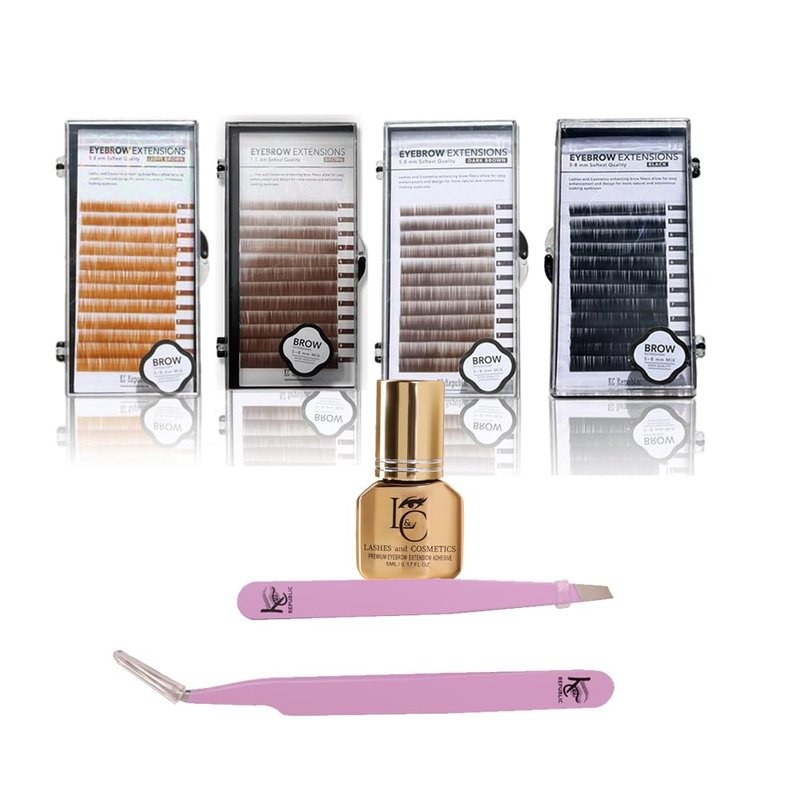 Eyebrow Extensions Kit - Premium Mink Eyebrows in Light Brown, Brown, Dark Brown & Black | Mixed Lengths 5-8mm with Glue & Tweezers