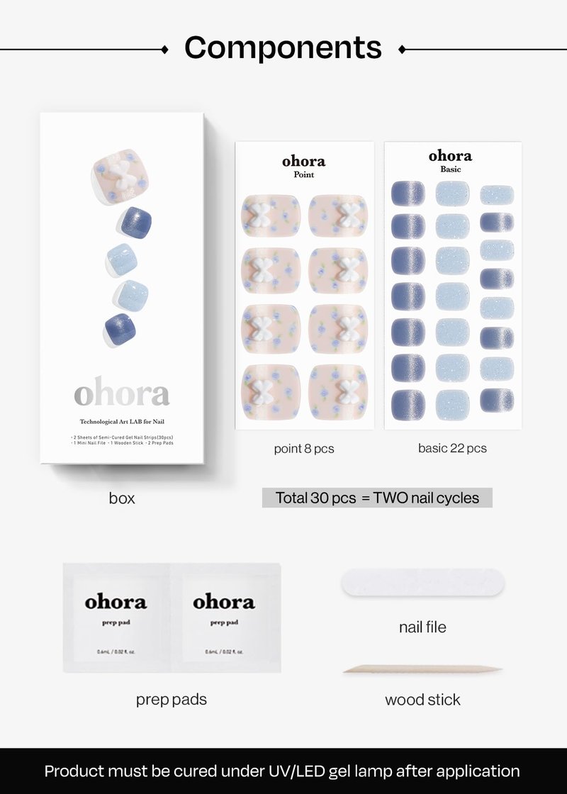 ohora Semi Cured Gel Pedi Strips (P Heart Link) - Works with Any Nail Lamps, Salon-Quality, Long Lasting, Easy to Apply & Remove - Includes 2 Prep Pads, Nail File & Wooden Stick