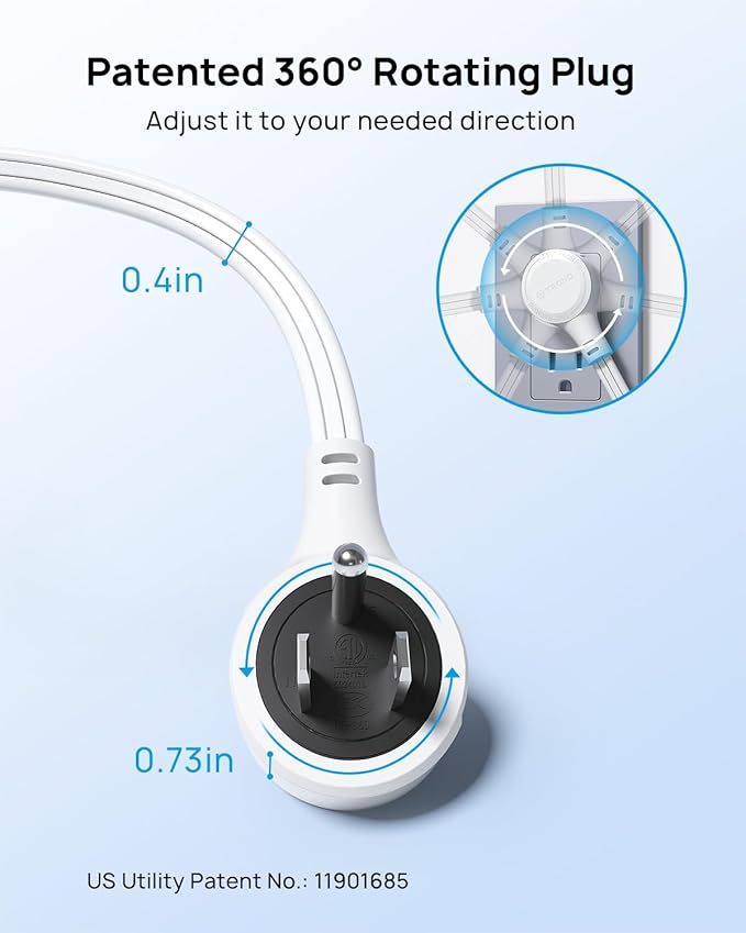 TROND Flat Extension Cord 15ft with 360° Rotating Plug, ETL Listed 3 Prong Power Strip, Low Profile Three Outlets, 13A, SPT 16/3 Gauge, Small for Tight Spaces Indoor Home Office Kitchen Bedroom, White