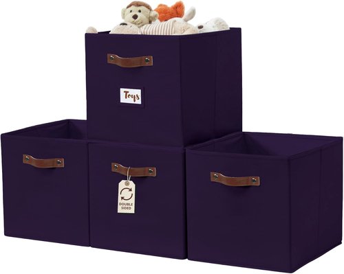 DECOMOMO Storage Baskets - 13x15x13 Cube Bins with Labels for Organized Shelves | Deep Violet (Set of 4)