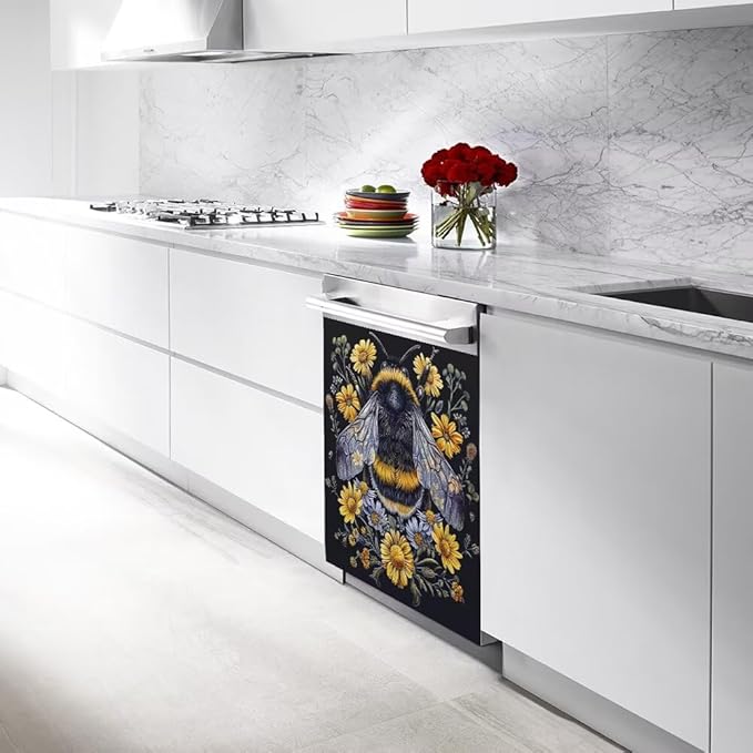 Flower and Bee Painting Dishwasher Magnet Cover Sticekr,Refrigerator Magnet Cover Decal Fridge Microwave Stickers Kitchen Decor,23W x 17H inchs