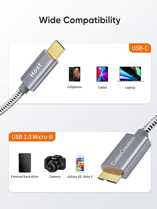 CableCreation USB C to Micro B Short Cable 1FT, 10G Micro B to USB C External Hard Drive Cable for iPhone 15/16/17,Samsung Galaxy S24,Seagate WD Westgate My Passport,MacBook Pro/Air, iPad/Tablet