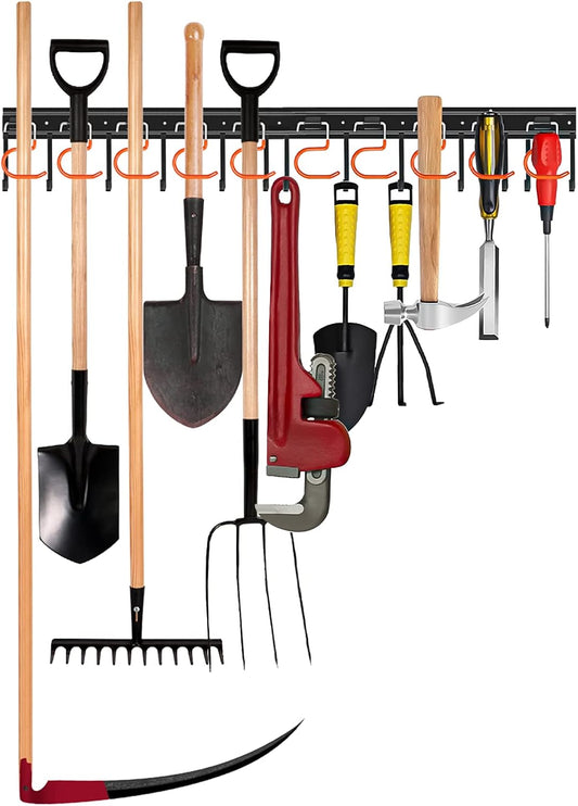 TVKB 34'' Metal Garden Tool Organizer - Wall-Mounted Storage with Hooks for Garage & Shed