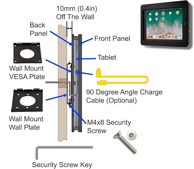 TABcare Anti-Theft Acrylic VESA Enclosure for Apple iPad 10 10.9" 2022, iPad 11" 2025 A16 with Free Wall Mount Kit & 90-Degree Angle USB C Charge Cable (Clear)