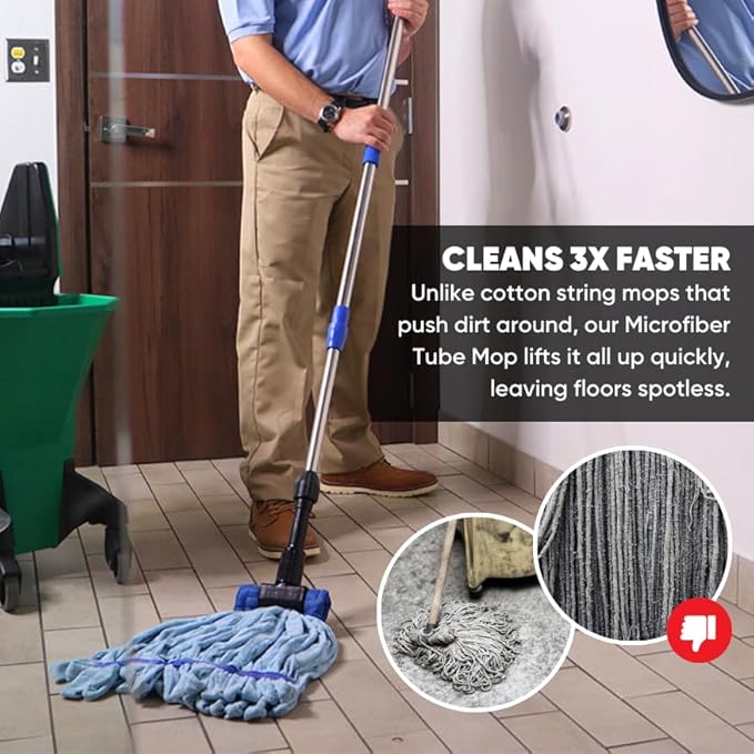 Bulk Commercial Mop Head Replacement (24 Count) - Medium Microfiber Tube Mop (14 oz.) | Industrial Wet Mops | Refill, Machine Washable, Heavy Duty | Hardwood, Tile, Laminate, Vinyl Floors (Blue)