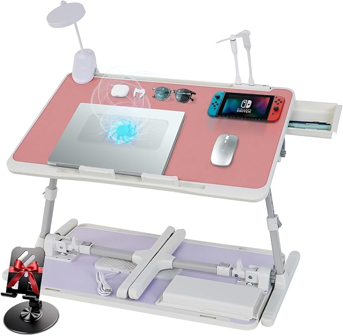 iXTRA Laptop Lap Desk Include Cooling Fan,Adjustable Lap Desk with Light Fan,Folding Laptop Desk for Bed with USB,Bed Desk with Storage Drawer 60x40cm,Pink