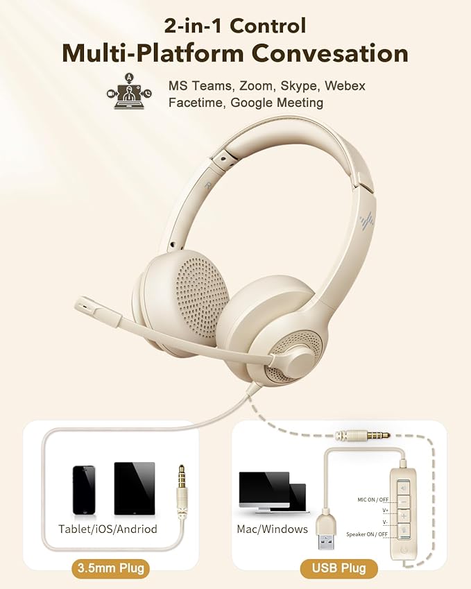 JIAMQISHI USB Headset with Microphone for PC, On-Ear Computer Laptop Headphones with Noise Cancelling Mic in-line Control for Home Office Online Class Zoom (USB+3.5mm, Apricot)