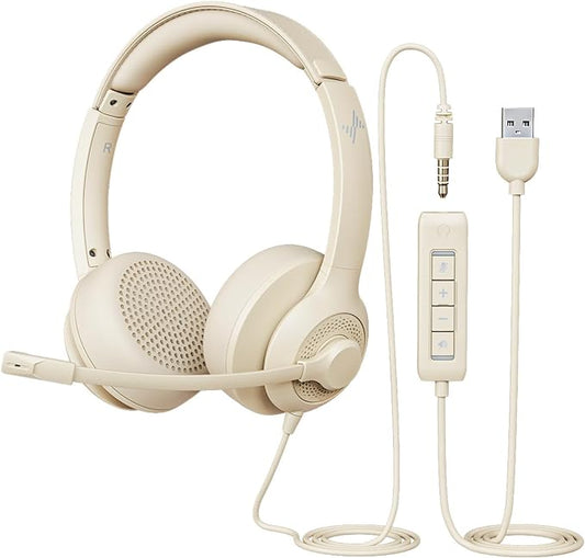 JIAMQISHI USB Headset with Microphone for PC, On-Ear Computer Laptop Headphones with Noise Cancelling Mic in-line Control for Home Office Online Class Zoom (USB+3.5mm, Apricot)