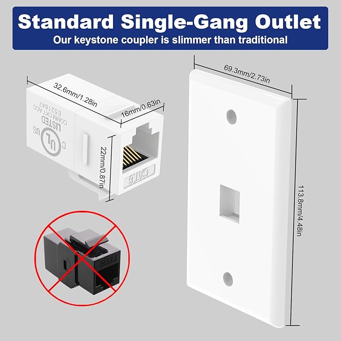 VCE Ethernet Wall Plate (UL-Listed), 1-Port CAT6 Wall Plate and Jack, RJ45 Keystone Outlet with Single Gang Low Voltage Mounting Bracket, White 6-Pack
