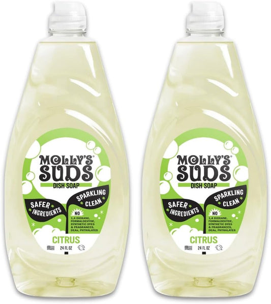 Molly's Suds Liquid Dish Soap - Natural Citrus Scent | Extra Scrubbing Power | 24 oz - 2 Pack