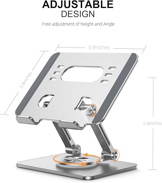 Orlian Tablet Stand Holder with Thickened 360°Rotating Base Dual Rod Adjustable Aluminum Stand for All 5.8-12.9” iPad Samsung Phone Tablet Kindle E-Reader and More, Silver