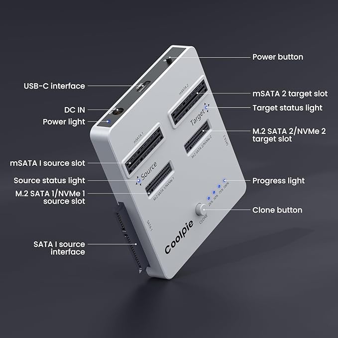 Coolpie CR311 3-in-1 SSD Cloner, USB3.2 Gen2*2 M.2 Reader, Supports M.2 NVMe/SATA, SATA 2.5''/3.5'' HDD
