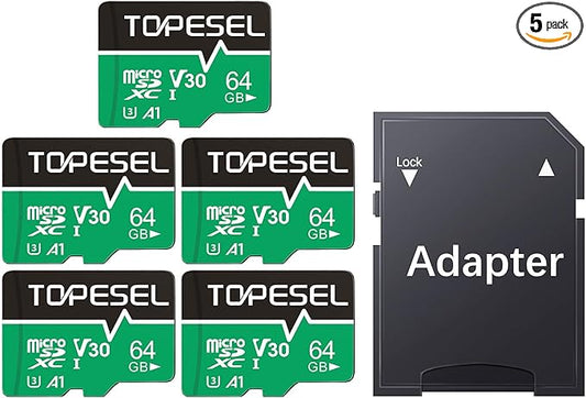 TOPESEL 64GB Micro SD Card 5 Pack, microSDXC UHS-I High Speed TF Card with Adapter, 90MB/s, C10, U3, A1, V30, 4K Recording Memory Card(64GB 5Pack)