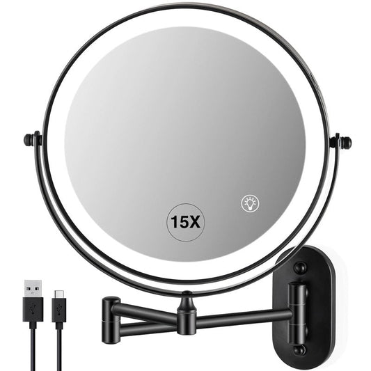 VORREMIRR Magnifying Mirror with Lights 1x/15x: 8.5" Double Sided Wall Mounted Lighted Makeup Mirror for Bathroom, 3 Color Lights & 360°Swivel Vanity Mirror, Brushed Nickel