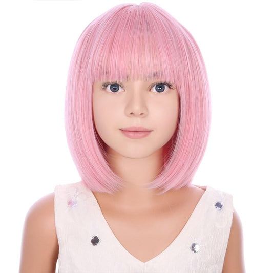 PATTNIUM Light Pink Bob Wig for Girls Short Bob Wig with Bangs Synthetic Heat Resistant Wig with Wig Cap