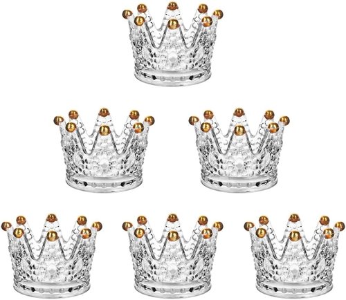Crown Glass Tealight Candle Holders - Set of 6 Elegant Votive Holders for Weddings & Home Decor | Gold Finish