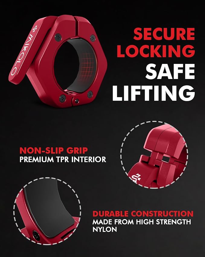 Mikolo Barbell Clamps,2-Inch Olympic Barbell Clips with Anti-Slip TPR Lining and Quick Release for Home and Gym Use(Non Magnetic Red)