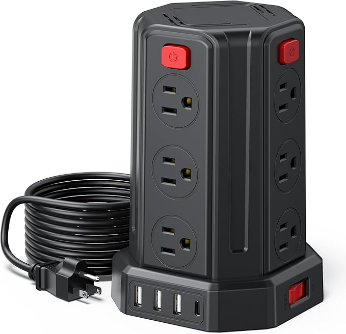 Power Strip Surge Protector, 10 Ft Extension Cord with 12 AC Multiple Outlets 4 USB (1 USB C), SMALLRT Power Tower Desktop Charging Station