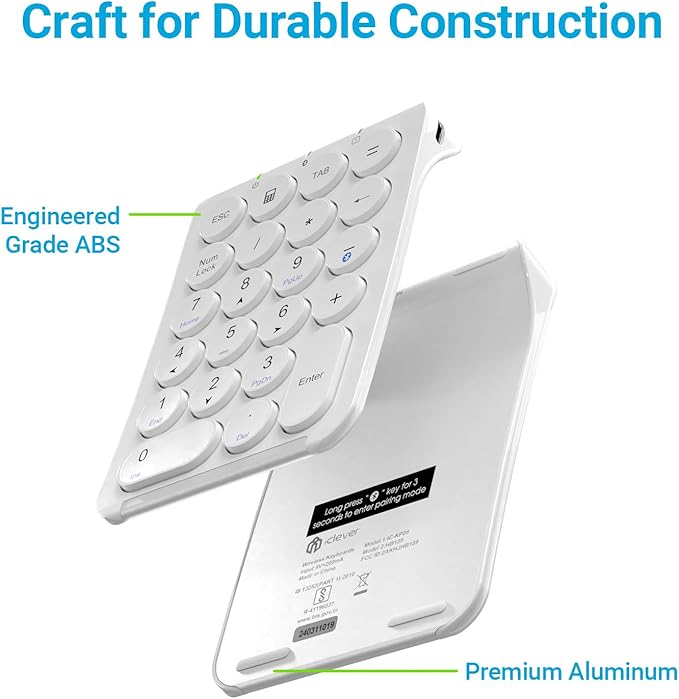 iClever KP08 Wireless Numeric Keypad, 22 Keys Bluetooth Number Pad Portable Number Keyboard, USB-C Rechargeable Numpad, Round Key, Data Entry, Compatible with Laptop, PC Desktop, Mac, Surface,Tablet