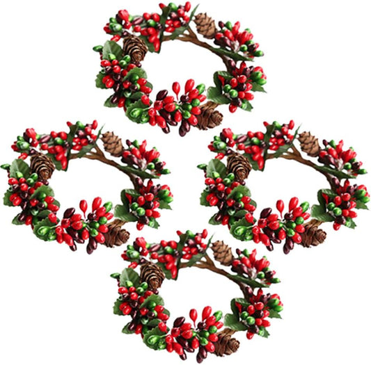 PRETYZOOM Christmas Candle Rings - 4Pcs Artificial Berry Mini Wreaths for Pillar Candles | Rustic Holiday Decor