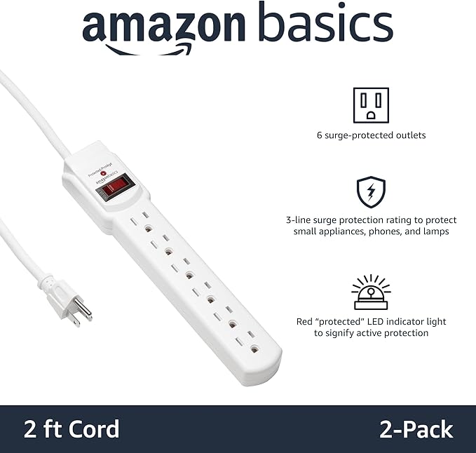 Amazon Basics Surge Protector Power Strip, 6-Outlet with 200J Protection, Circuit Breaker, LED Indicator, On/Off Switch, Wall-Mounting, 2ft Extension Cord, White, 2-Pack