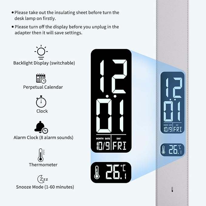 oviouit LED Desk Lamp with Charger, USB Charging Port, Dual Swing Arm Desk Light with 5 Brightness, 3 Colors, Table Lamp with Clock, Alarm, Date, Temperature, Desk Lamp for Home Office Study (White)