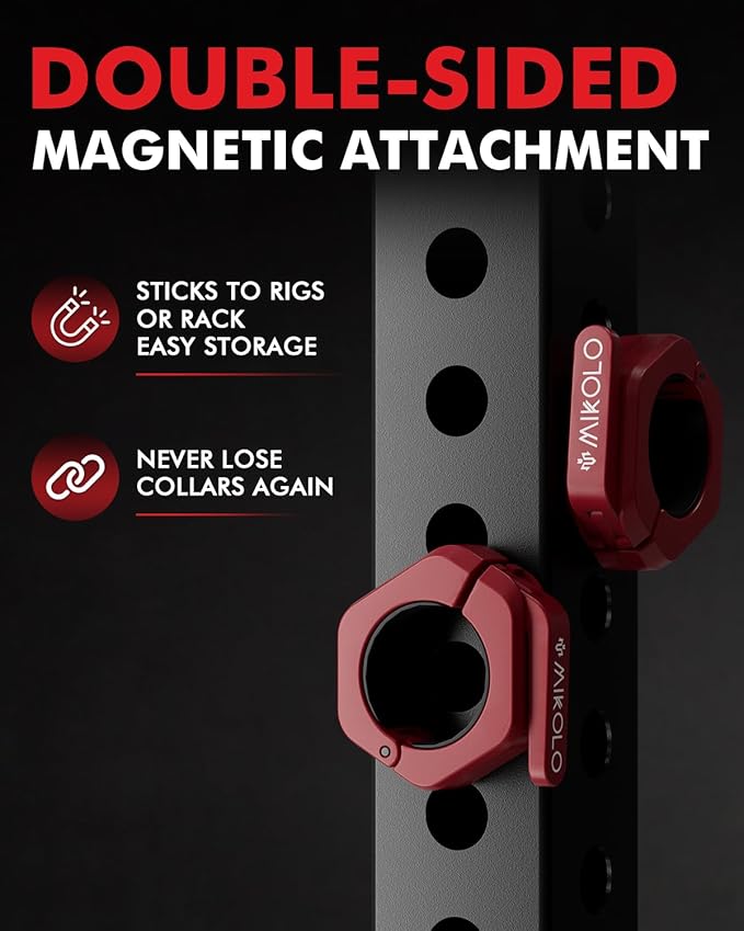 Mikolo Barbell Clamps,2-Inch Olympic Barbell Clips with Anti-Slip TPR Lining and Quick Release for Home and Gym Use(Magnetic Red