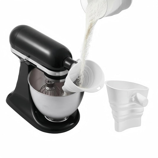 Skiennix Foldable Silicone Flour Funnel - No-Mess & Anti-Splash Kitchen Gadget | Fits 4.5-5Qt Mixers (White)