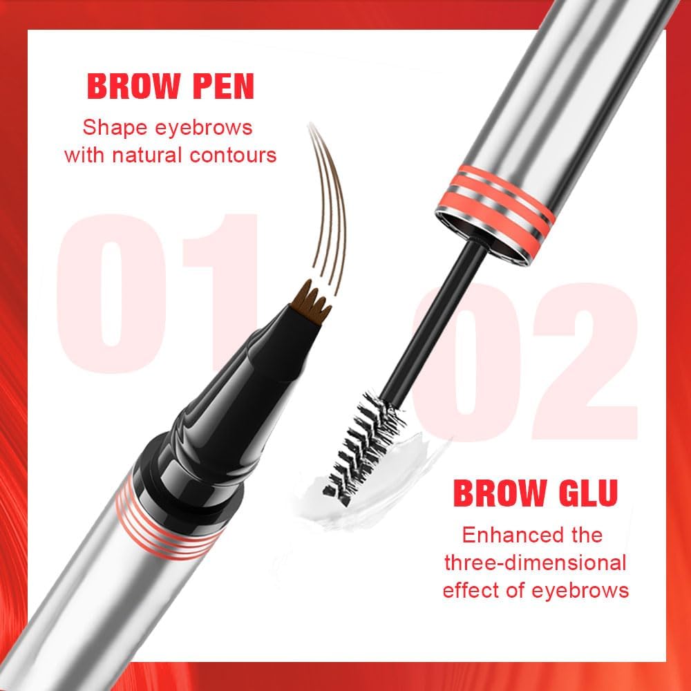2-in-1 Eyebrow Pencil with Gel, Dual-Ended 3D Microblading Eyebrow Pen with 4 Tip & Eyebrow Brush, Waterproof Long-Lasting Eyebrow Pencil for Women (Brown)