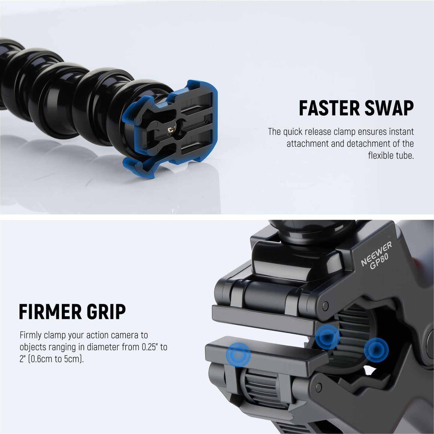 NEEWER Flexible Clamp Mount Compatible with GoPro DJI Action Cameras, Jaw Flex Super Clamp Holder, Desk Pole Clip Mount with Tube & Adapter Accessories for Photography & Video Recording, GP-80
