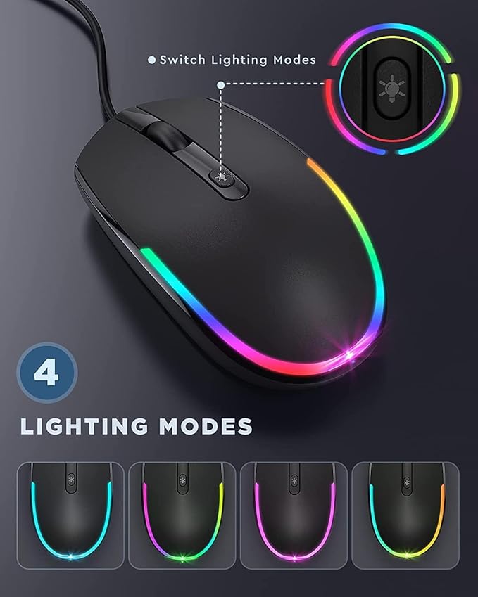 seenda Wired Mouse - USB Corded Mouse with Colorful RGB Backlit, Plug and Play, 1600 DPI Optical Tracking，Silent Computer Mouse for Laptop, PC, Chromebook, Desktop, Office, School, Home, Black