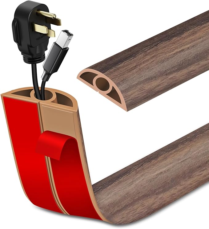 Floor Cord Cover Self Adhesive Cord Hider Floor Extension Cord Covers for Floor Power Cord Protector Cable Management Prevent Cable Trips Cable Cavity 0.32" W x 0.32" H (Smoked Brown Wood, 3.3Ft)
