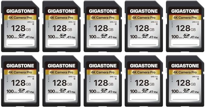 【5-Years Data Recovery】 GIGASTONE 128GB SD Card 10-Pack, 4K Camera Pro, UHS-I A1 V30 SDXC Memory Card 4K UHD Video Compatible with Digital Camera, with 10 Mini Cases