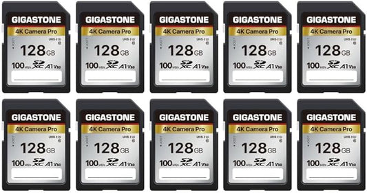 【5-Years Data Recovery】 GIGASTONE 128GB SD Card 10-Pack, 4K Camera Pro, UHS-I A1 V30 SDXC Memory Card 4K UHD Video Compatible with Digital Camera, with 10 Mini Cases