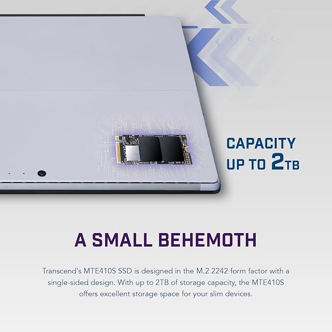 Transcend MTE410 2TB M.2 2242 SSD, Up to 5000MB/s, PCIe Gen4x4 NVMe 3D TLC for Ultra-Thin Laptops/Lenovo Legion Go/Yoga Gen 6/ASUS ExpertBook/ZenBook/Mini PC/DRAM-Less Design for Low Power Consumption