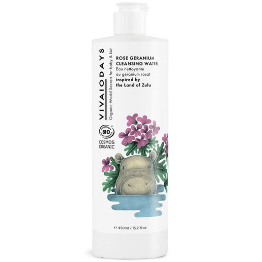 VIVAIODAYS Organic Rose Geranium Cleansing Water - Quick Clean up for Baby & Gentle Makeup Remover (15.2 oz | 450 ml Large)