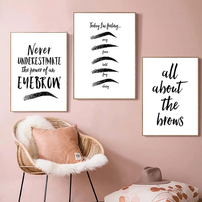 Eyebrow Art Prints - Beauty Salon Canvas Wall Art | Black & White Eyebrow Quotes | 12x16 Inch Unframed Set of 3