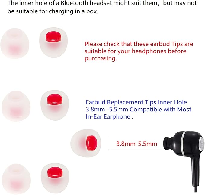 CYADCI 36 Pieces Small Earbud Tips Soft and Comfortable Ear Bud Replacement Pieces Silicone Fit Most in-Ear Headphones，Inner Hole 3.8mm -5.5mm，Small White and Red Replacement Eartips