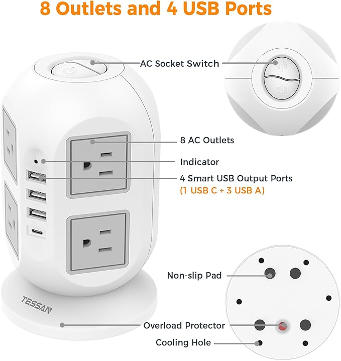 TESSAN Tower Power Strip 10 ft, Long Flat Extension Cord with Multiple Outlets, 8 AC Outlets with 4 USB Ports (1 USB C), Charging Station with, for Home Office Dorm