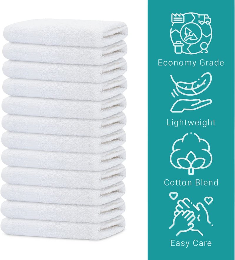 GOLD TEXTILES 48 Pack Economy White Washcloths Set (12x12 inches) - Cotton Blend Commercial Grade Cleaning Rags, Quick Drying & Soft Face Cloths, Fingertip Towels for Bathroom, Spa, Gym, and Kitchen