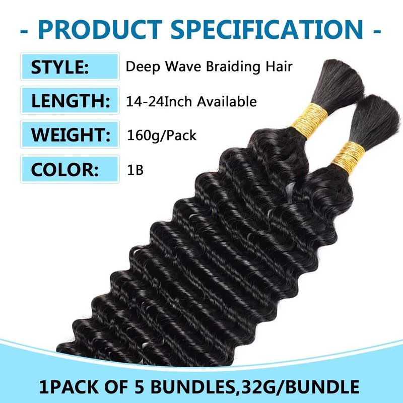 100g 3 bundles Human Braiding Hair for Boho Braids 14 Inch Curly Boho Hair for Braiding Knotless 12A Deep Wave Bulk Bohemian Natural Black