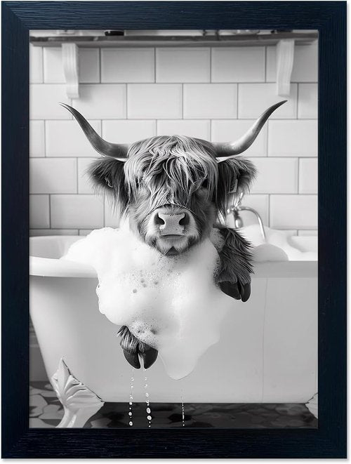 Highland Cow Bathroom Decor - Funny Farmhouse Canvas Print of Cow in Bathtub | Black & White Wall Art