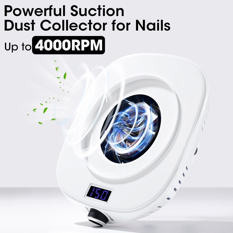 Gellen Nail Dust Collector with LED Display, 4000RPM Powerful Suction Vacuum Fan with Reusable Filter, Soft Ergonomic Shell Nail Vacuum Cleaner for Acrylic Nail Tech, Home & Salon