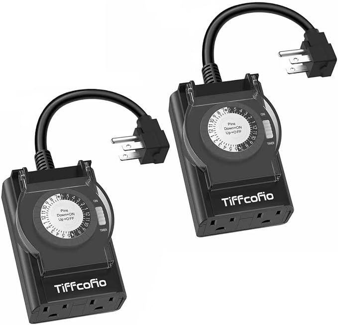 TiFFCOFiO Outdoor Timer Outlet Waterproof, 24 Hour Mechanical Light Timer Outdoor, 2 Grounded Outlets for Home and Garden, 15A 1/2HP, Heavy Duty, ETL Listed (2 Pack)