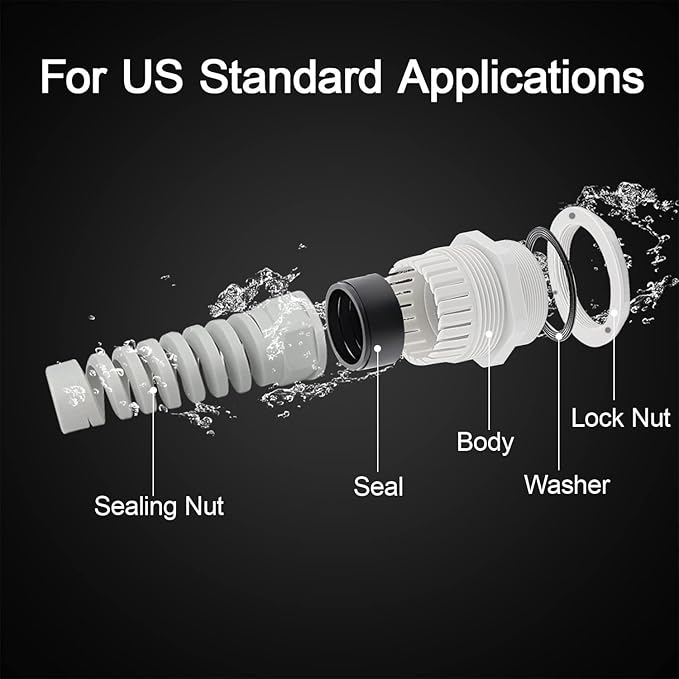 LeMotech 10Pcs NPT 3/8" IP68 Waterproof Cable Gland Flex Spiral Strain Relief Grey Nylon Joint with Gaskets for 5-10mm Wire Thread