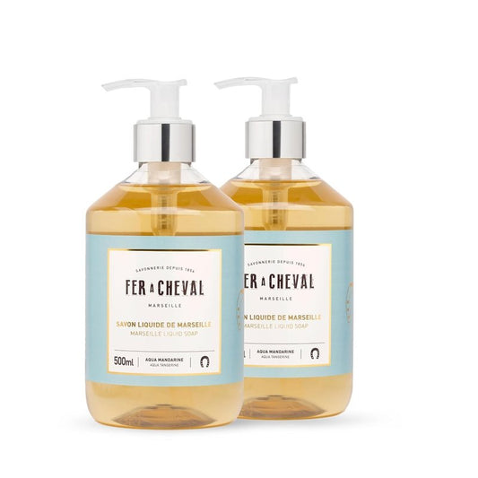 Fer à Cheval Marseille Liquid Soap Aqua Tangerine - Shea Butter & Almond Oil, Hydrating Hand Wash, Natural Ingredients - Set of 2, 500ml/16.9 f oz