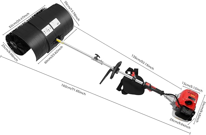 52cc 2-Stroke Gasoline Power Broom 2.3HP 1.7KW Hand Held Gas Power Broom Walk Behind Sweeper Cleaning Driveway Tools, for Sweeping boulevards, driveways, lawns, Sidewalks